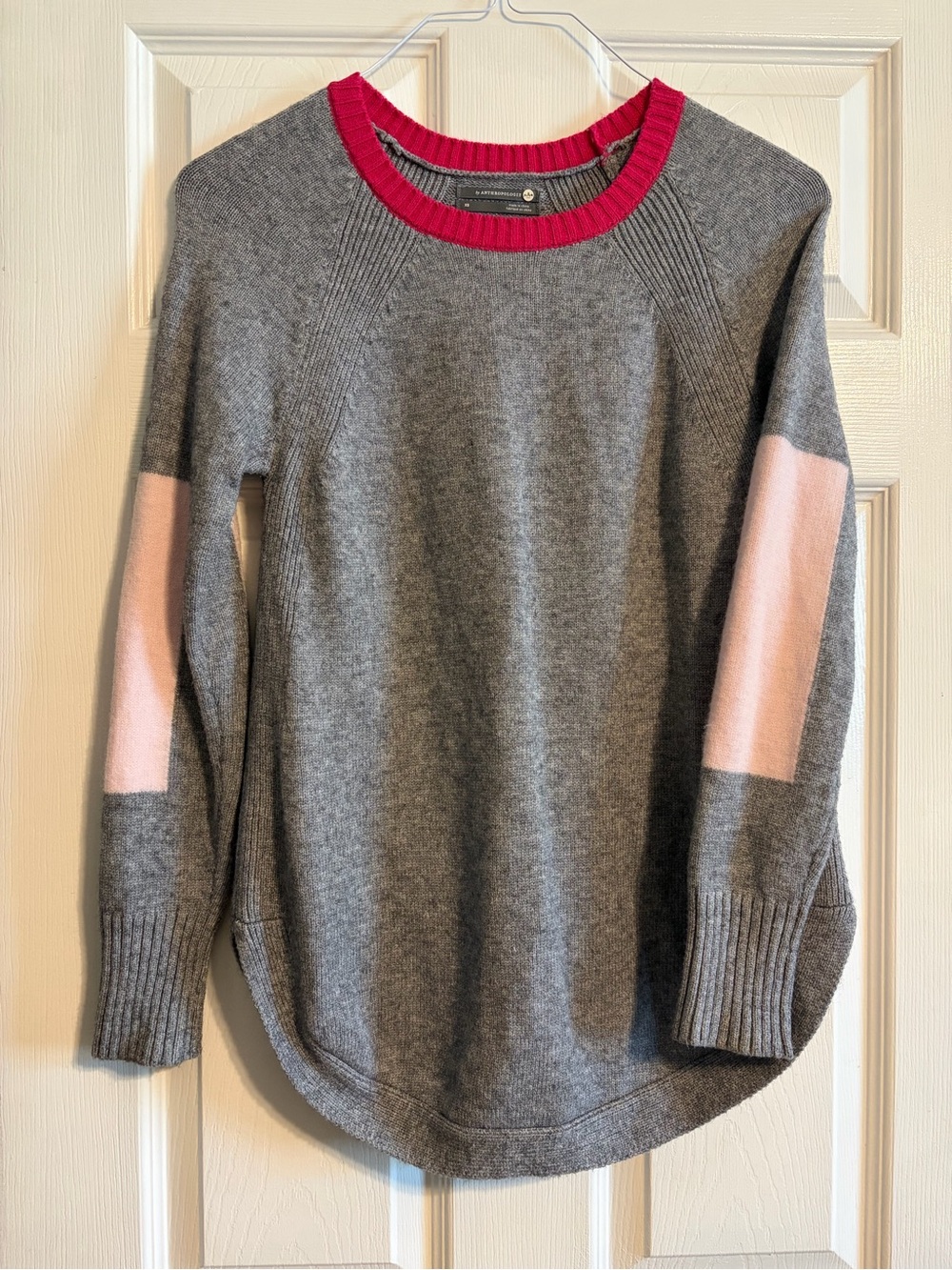 Anthropologie Rebekah Colorblock Tunic Sweater XS Gray Pink Elbow Patch Crewneck